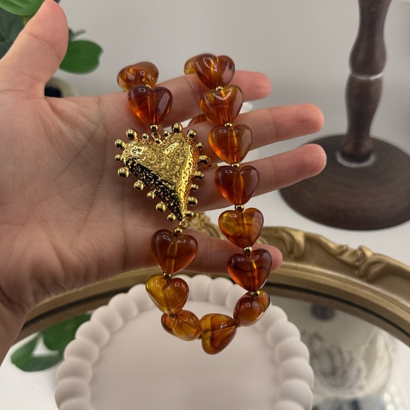 Anthropologie Bold Heart Statement Necklace Resin Beads Stainless Steel Pendant - Picture 6 of 11